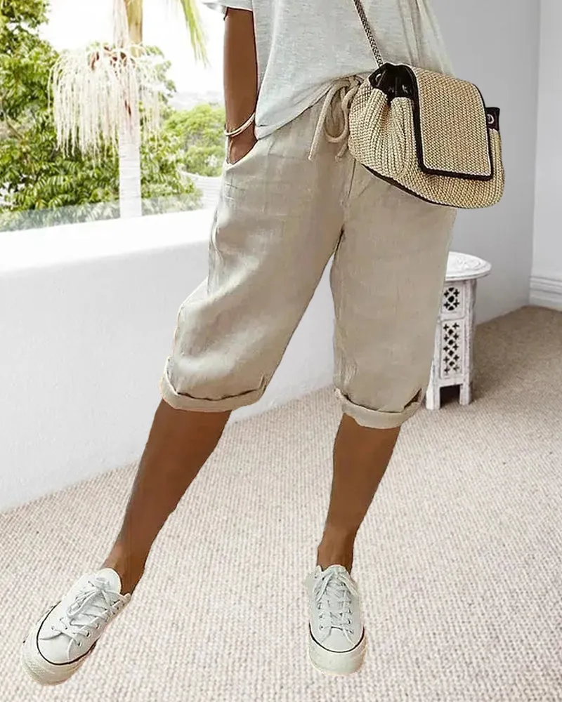 Solid color drawstring comfortable trousers
