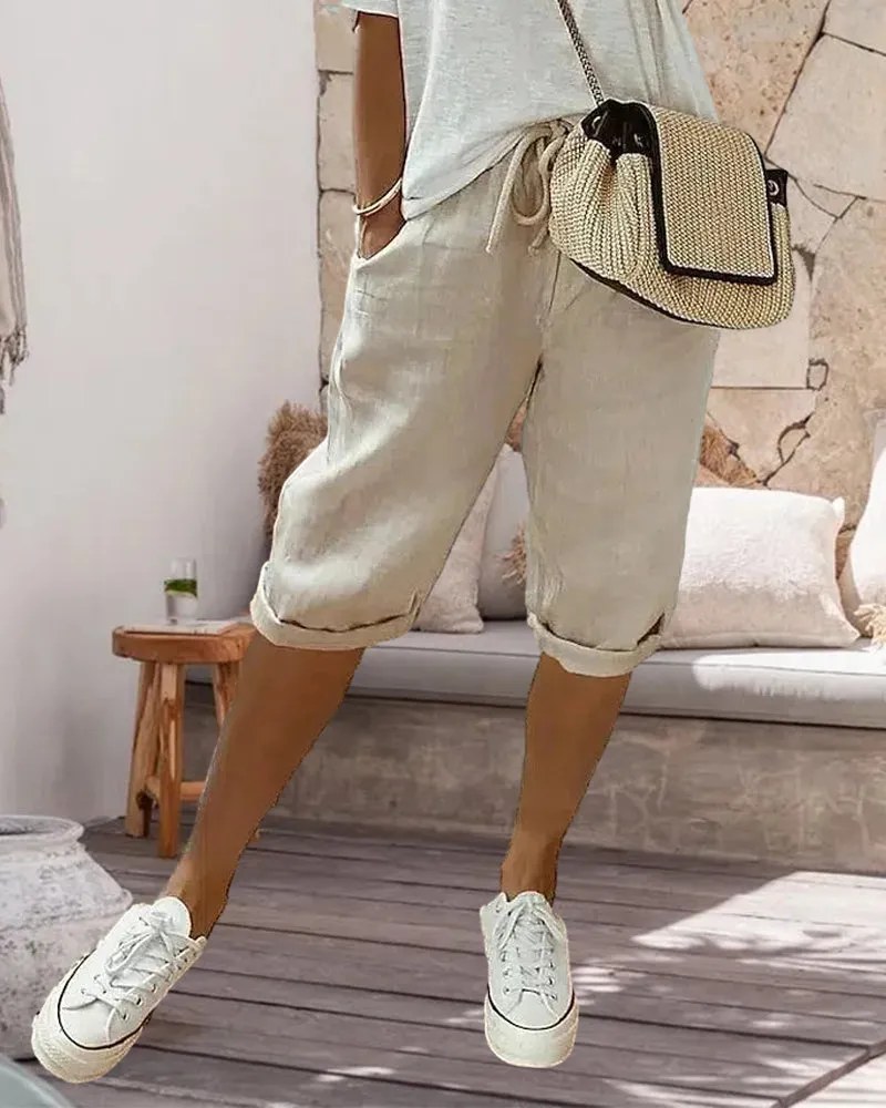 Solid color drawstring comfortable trousers