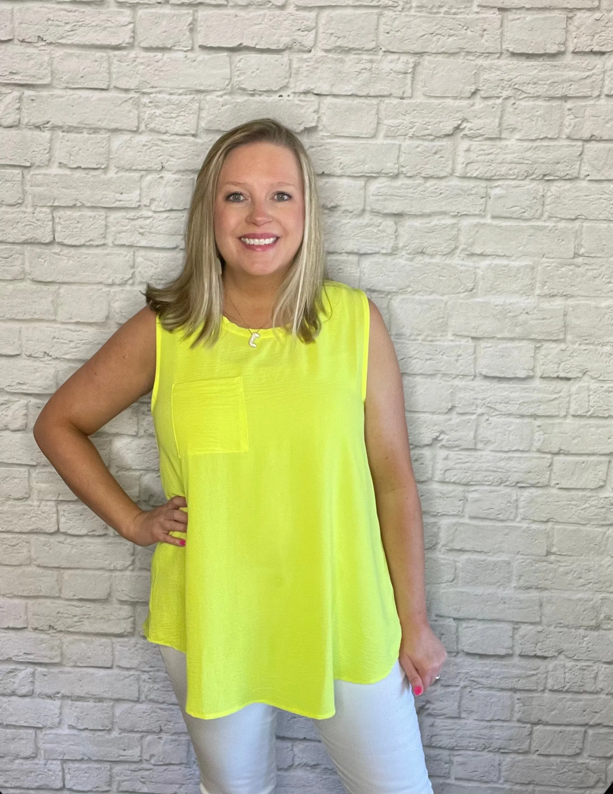 Solid Sleeveless Round Neck Top - Neon Yello