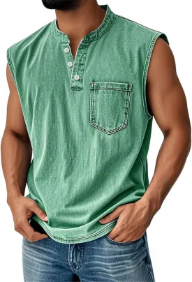 Tank Tops Men Big and Tall Henley Shirts Sleeveless Muscle Gym Workout Running Beach Summer Vintage Button Up Biker Tee Vest