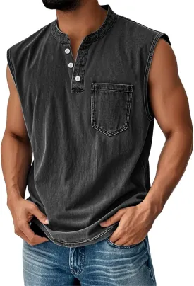 Tank Tops Men Big and Tall Henley Shirts Sleeveless Muscle Gym Workout Running Beach Summer Vintage Button Up Biker Tee Vest