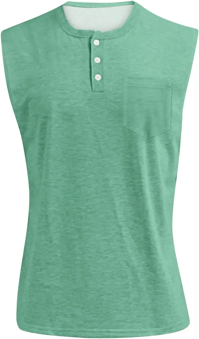 Tank Tops Men Big and Tall Henley Shirts Sleeveless Muscle Gym Workout Running Beach Summer Vintage Button Up Biker Tee Vest