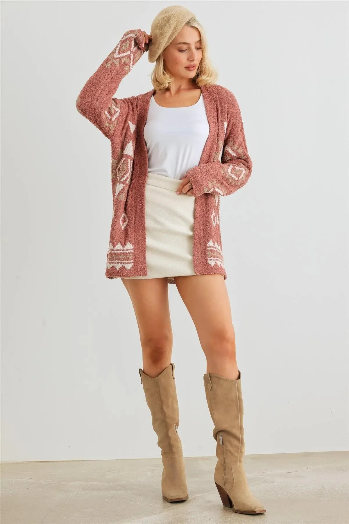 Tribal Print Knit Long Sleeve Open Front Cardigan /2-2