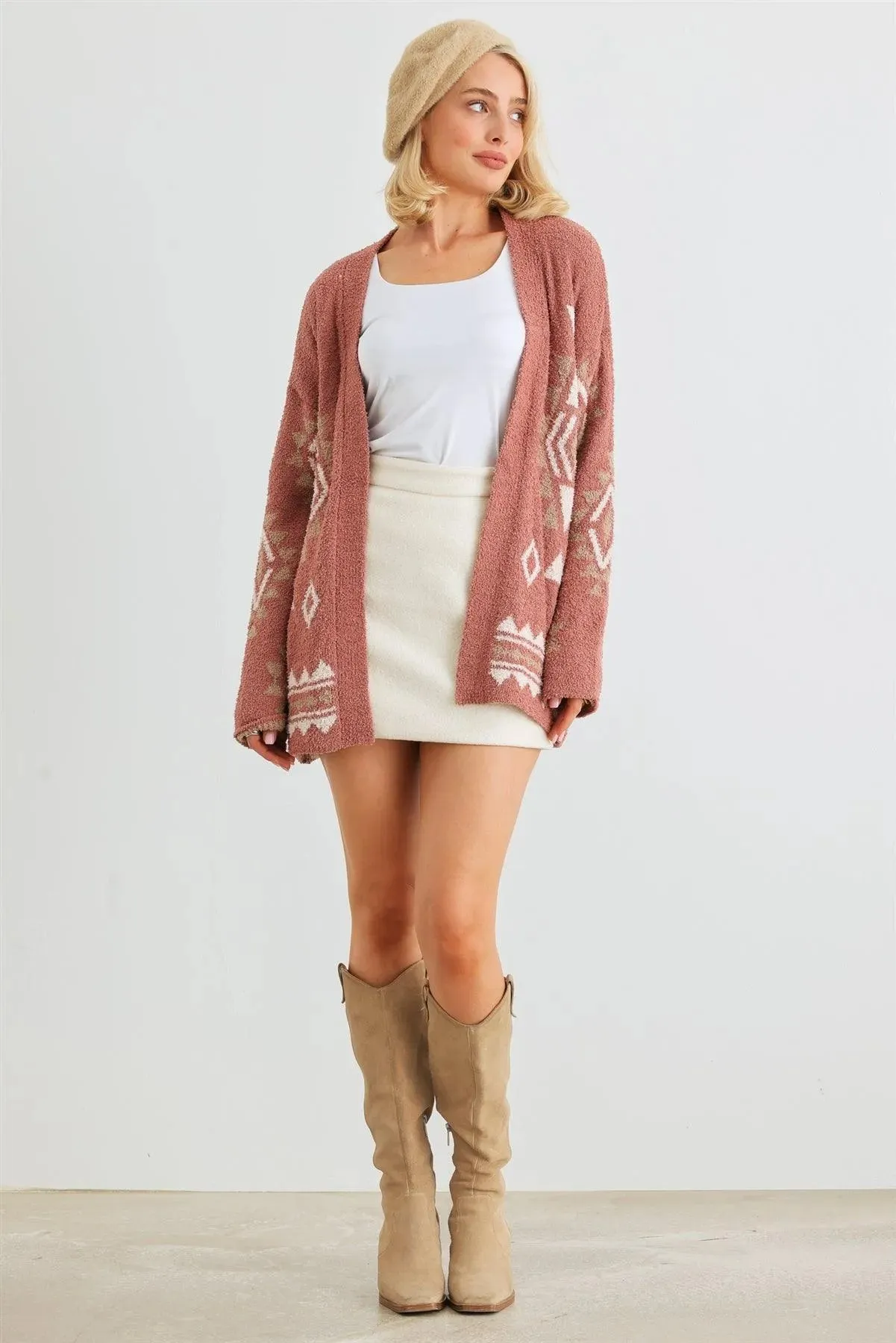 Tribal Print Knit Long Sleeve Open Front Cardigan /2-2