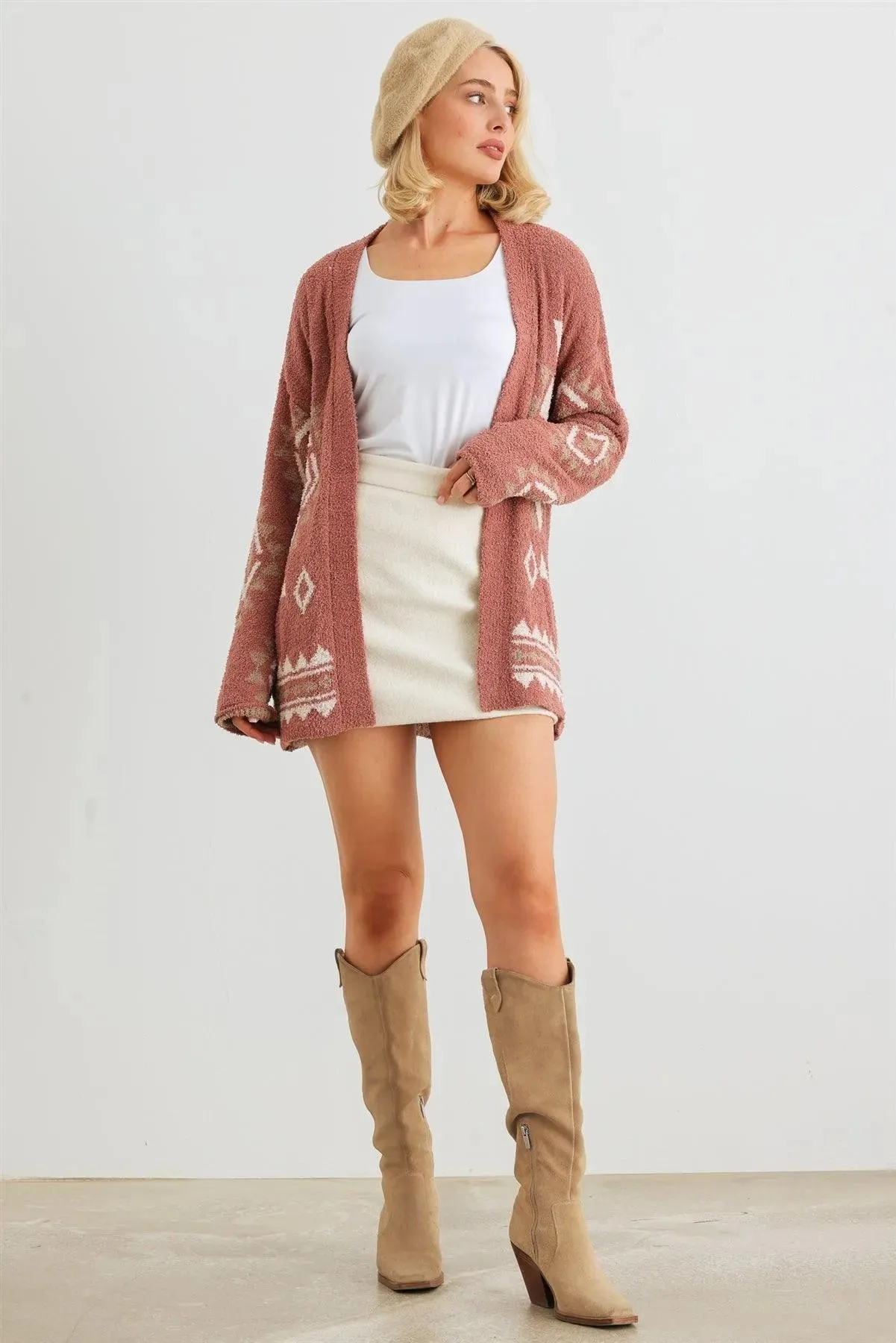 Tribal Print Knit Long Sleeve Open Front Cardigan /2-2