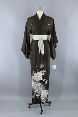 Vintage Black Fans Silk Kimono Robe