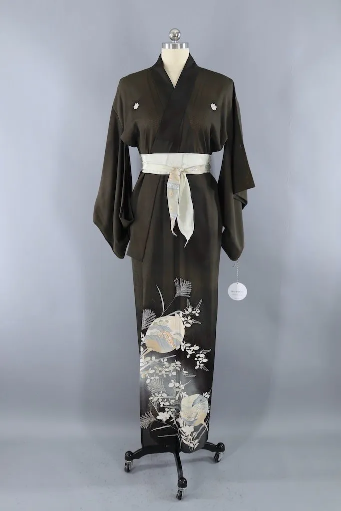 Vintage Black Fans Silk Kimono Robe