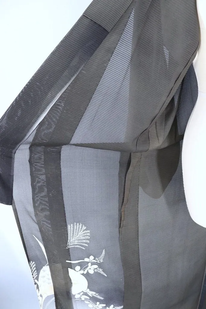 Vintage Black Fans Silk Kimono Robe