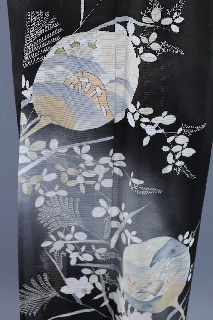 Vintage Black Fans Silk Kimono Robe