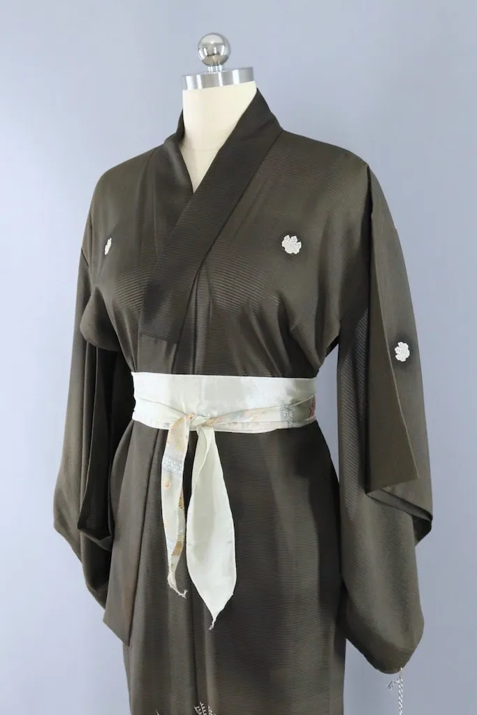Vintage Black Fans Silk Kimono Robe