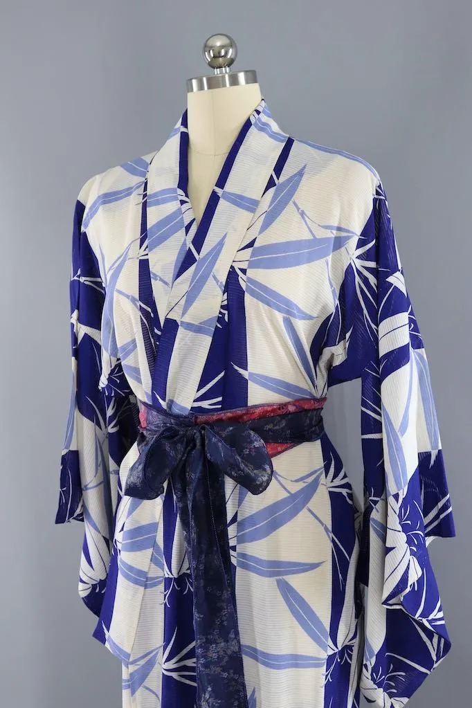 Vintage Blue Bamboo Silk Kimono Robe