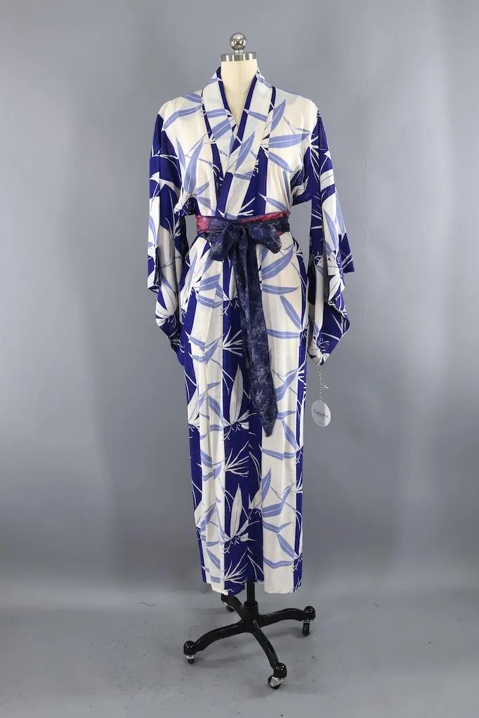 Vintage Blue Bamboo Silk Kimono Robe