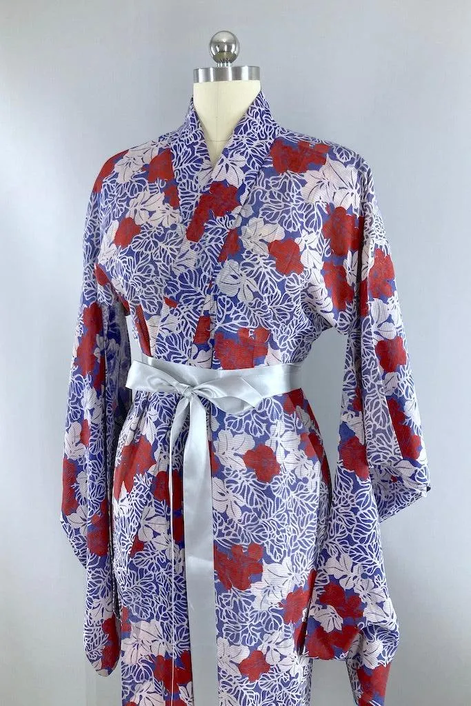 Vintage Blue Leaves Summer Silk Kimono