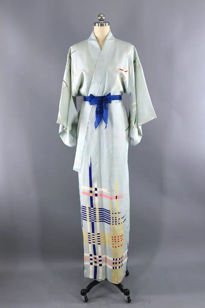 Vintage Pale Blue Silk Kimono Robe
