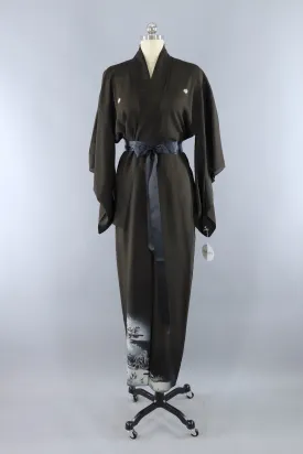 Vintage Silk Kimono Robe / Black and White Ro Silk