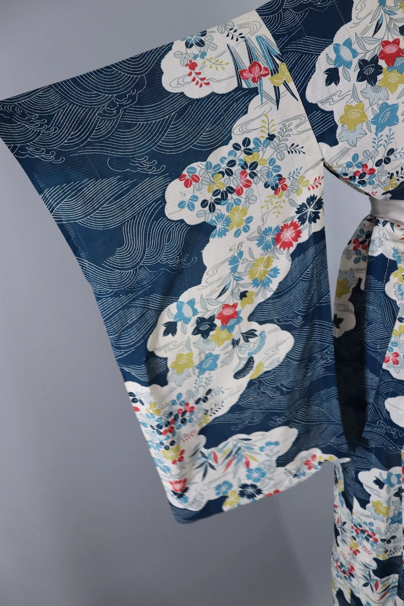Vintage Silk Kimono Robe - Blue Floral Print