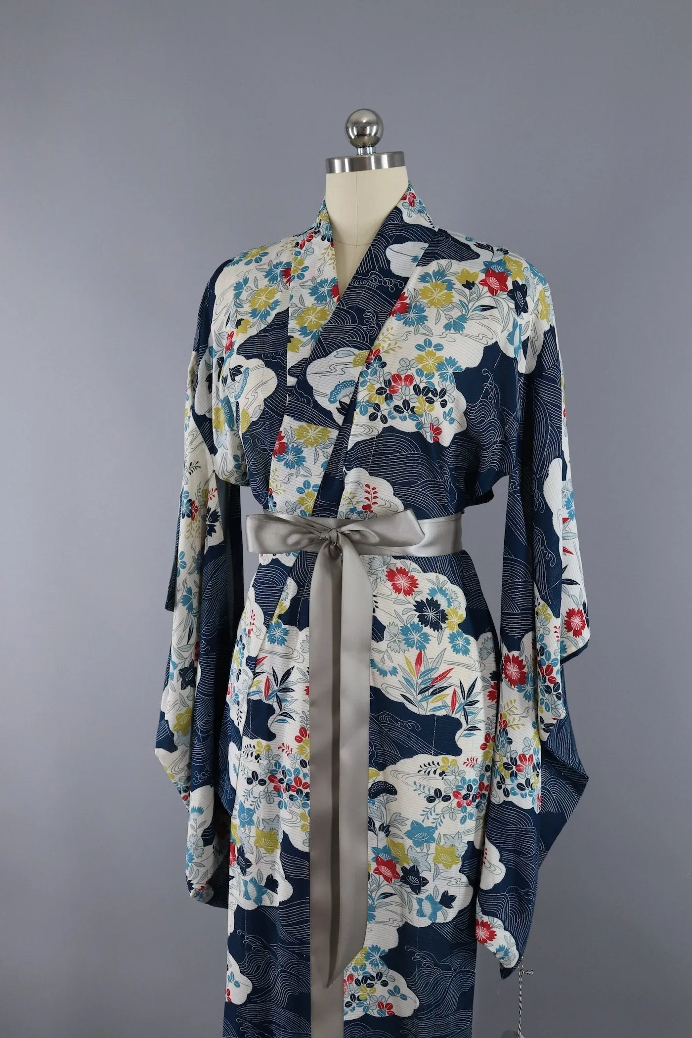 Vintage Silk Kimono Robe - Blue Floral Print