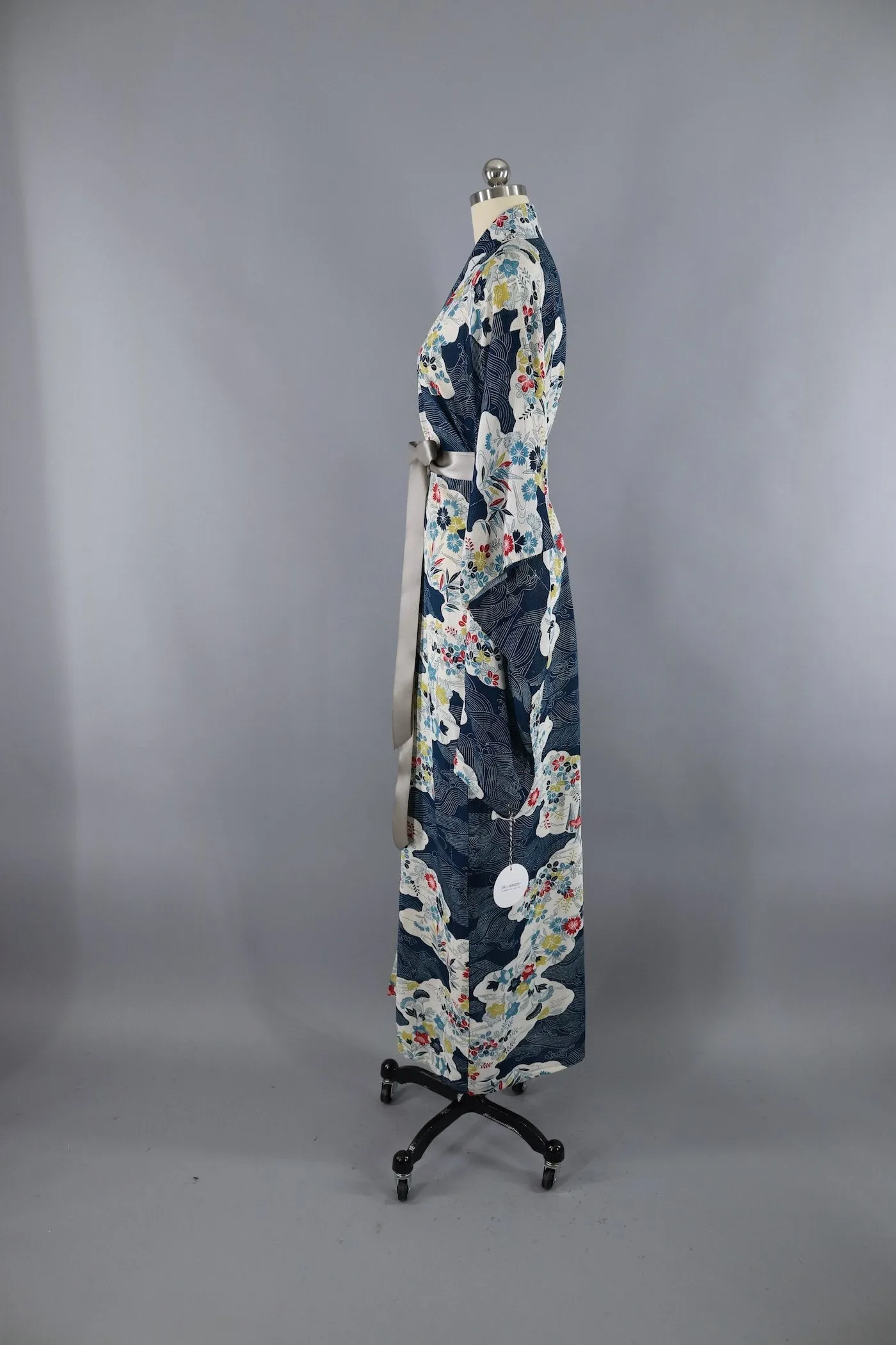Vintage Silk Kimono Robe - Blue Floral Print