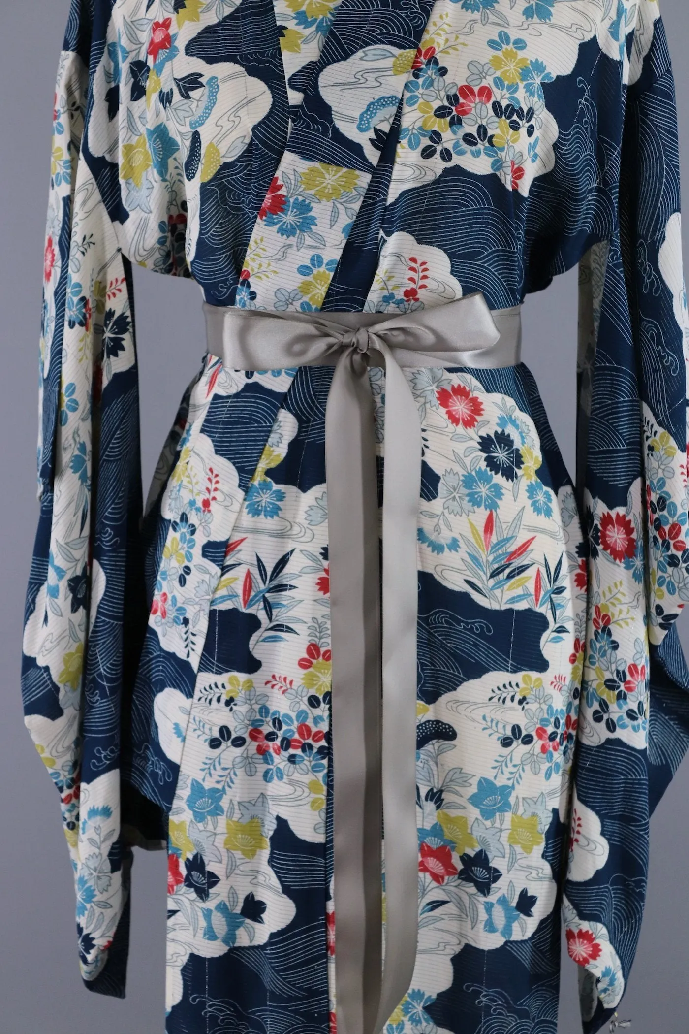 Vintage Silk Kimono Robe - Blue Floral Print