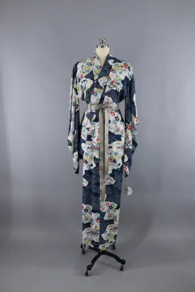 Vintage Silk Kimono Robe - Blue Floral Print