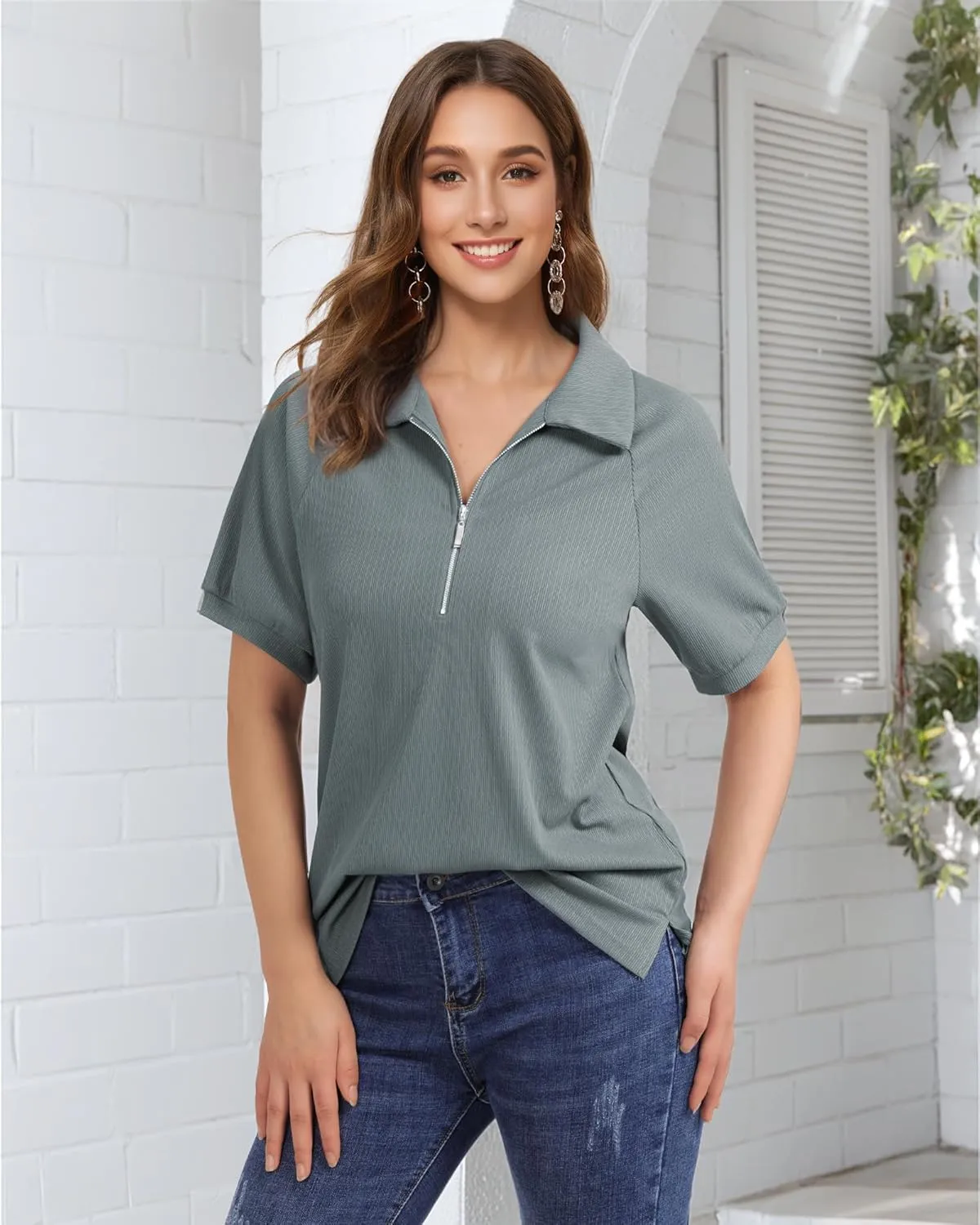 Vivilli Women's Short Sleeve Tops and Blouses Business Casual Collared Tunic Shirt with Zipper