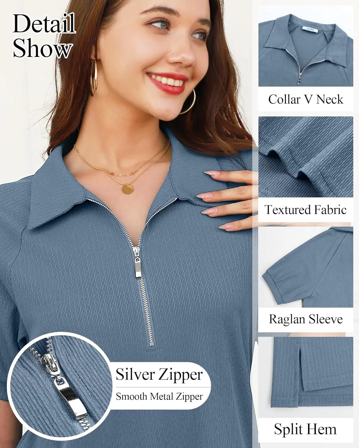 Vivilli Women's Short Sleeve Tops and Blouses Business Casual Collared Tunic Shirt with Zipper