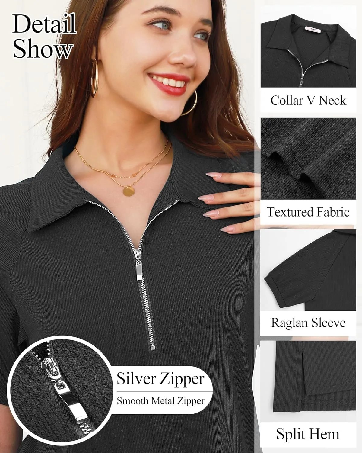 Vivilli Women's Short Sleeve Tops and Blouses Business Casual Collared Tunic Shirt with Zipper
