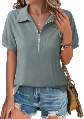 Vivilli Women's Short Sleeve Tops and Blouses Business Casual Collared Tunic Shirt with Zipper