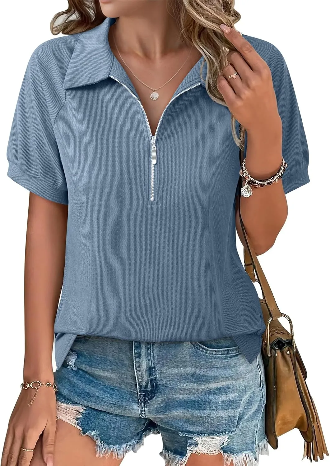 Vivilli Women's Short Sleeve Tops and Blouses Business Casual Collared Tunic Shirt with Zipper