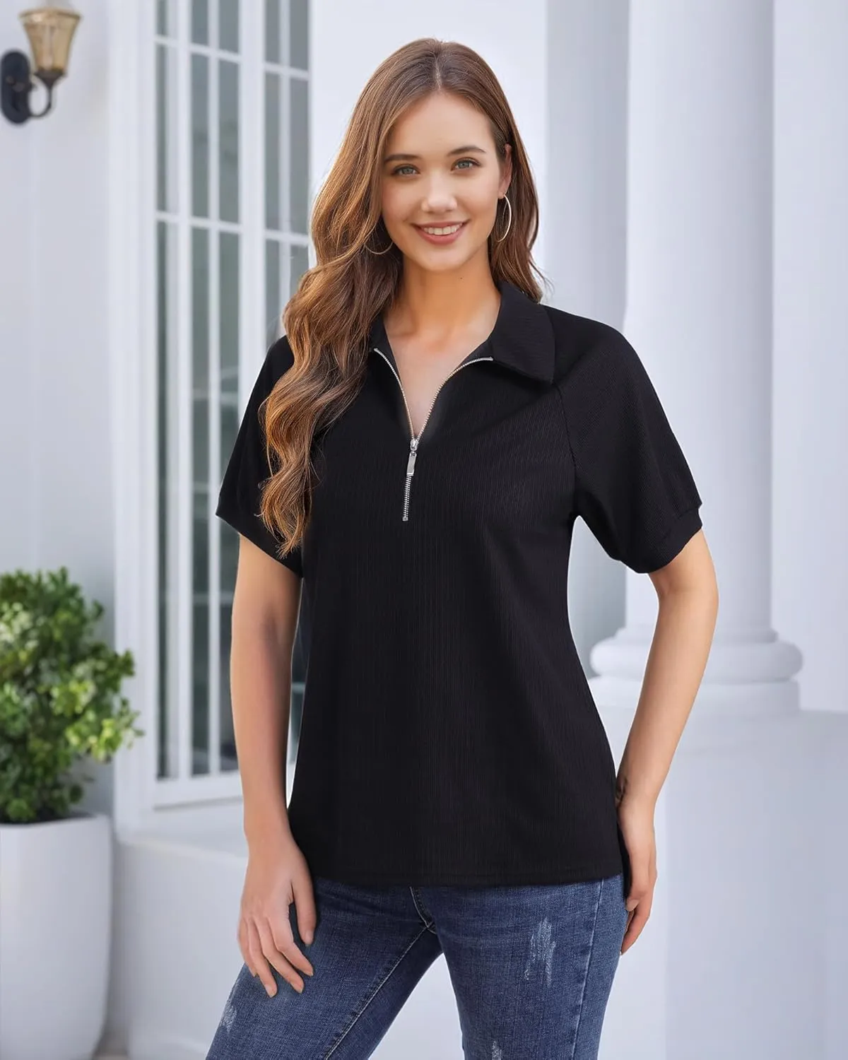 Vivilli Women's Short Sleeve Tops and Blouses Business Casual Collared Tunic Shirt with Zipper