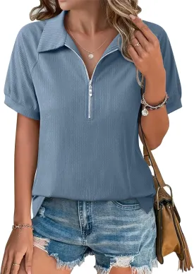 Vivilli Women's Short Sleeve Tops and Blouses Business Casual Collared Tunic Shirt with Zipper