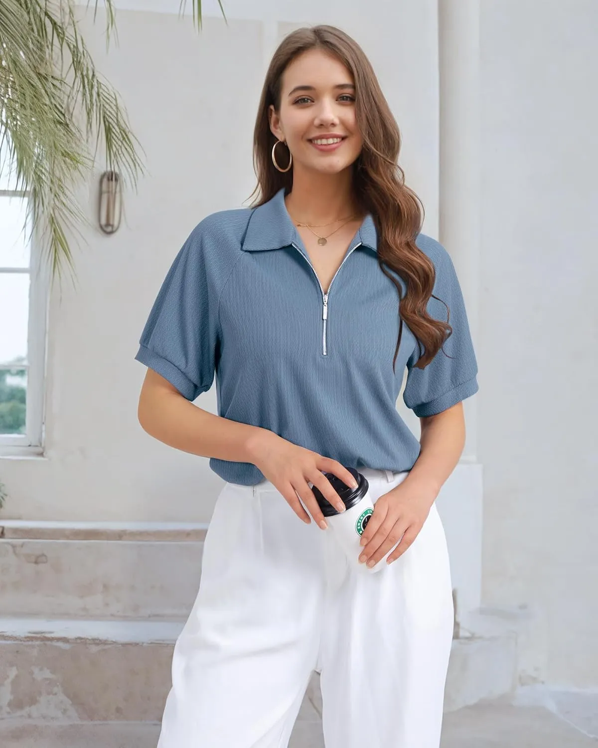 Vivilli Women's Short Sleeve Tops and Blouses Business Casual Collared Tunic Shirt with Zipper