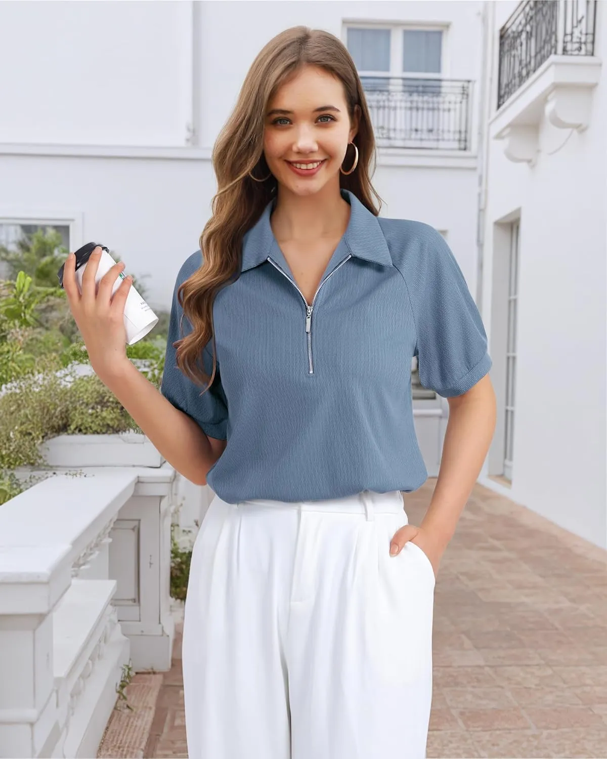 Vivilli Women's Short Sleeve Tops and Blouses Business Casual Collared Tunic Shirt with Zipper