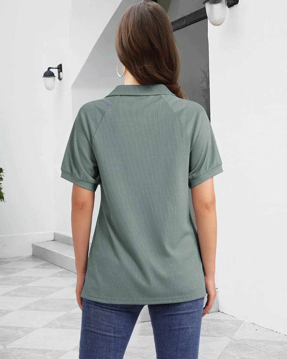 Vivilli Women's Short Sleeve Tops and Blouses Business Casual Collared Tunic Shirt with Zipper