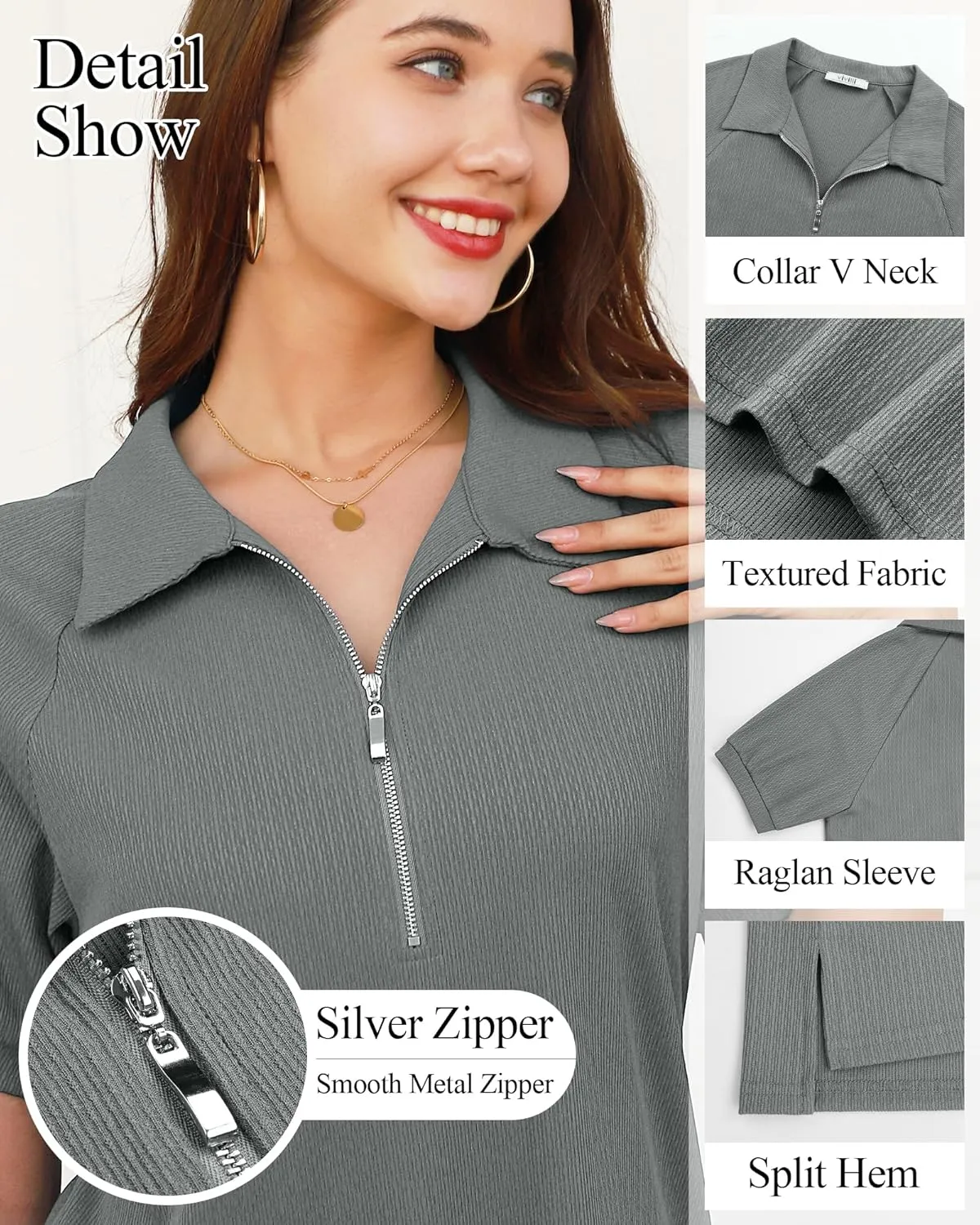 Vivilli Women's Short Sleeve Tops and Blouses Business Casual Collared Tunic Shirt with Zipper