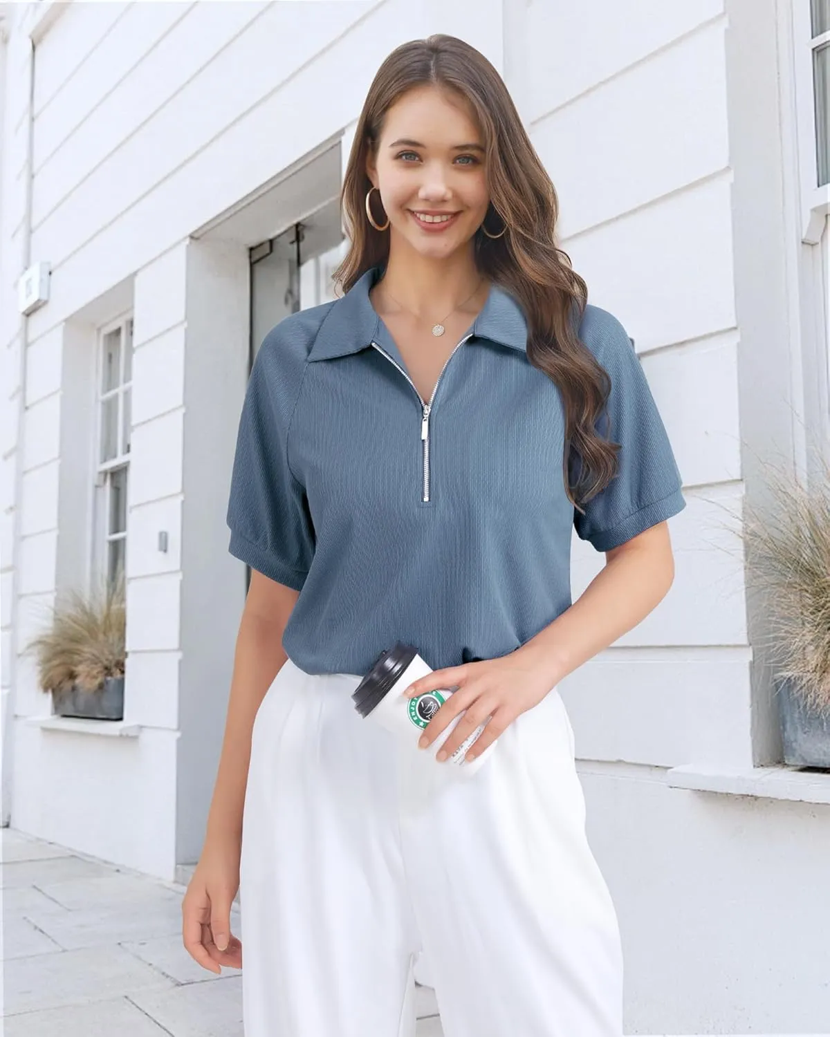 Vivilli Women's Short Sleeve Tops and Blouses Business Casual Collared Tunic Shirt with Zipper