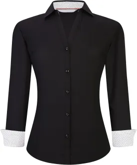 WARHORSEE Womens Button Down Shirt Long Sleeve Work Dress Shirts, V Neck Easy Care Stretchy Business Casual Blouses for Women