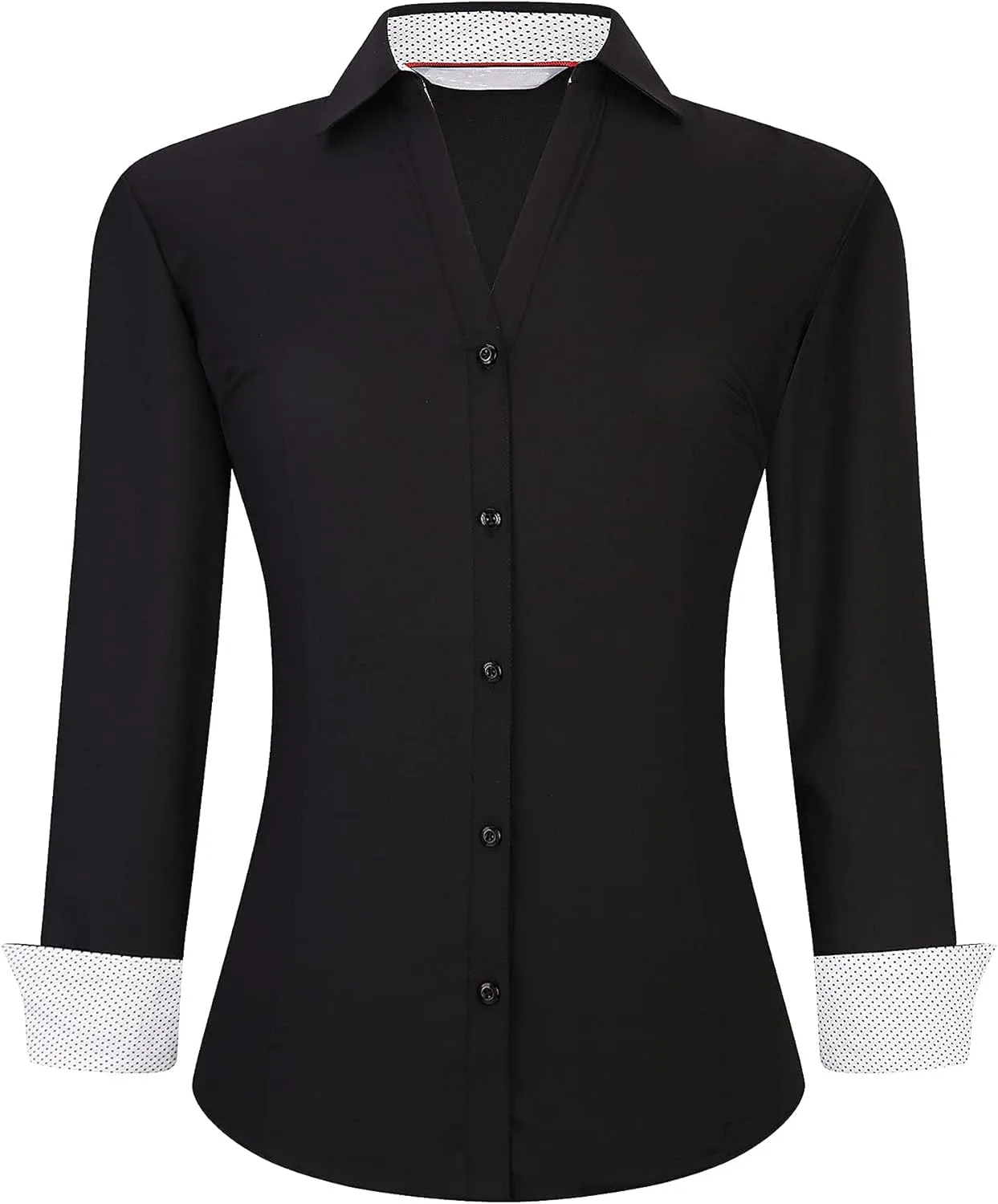 WARHORSEE Womens Button Down Shirt Long Sleeve Work Dress Shirts, V Neck Easy Care Stretchy Business Casual Blouses for Women