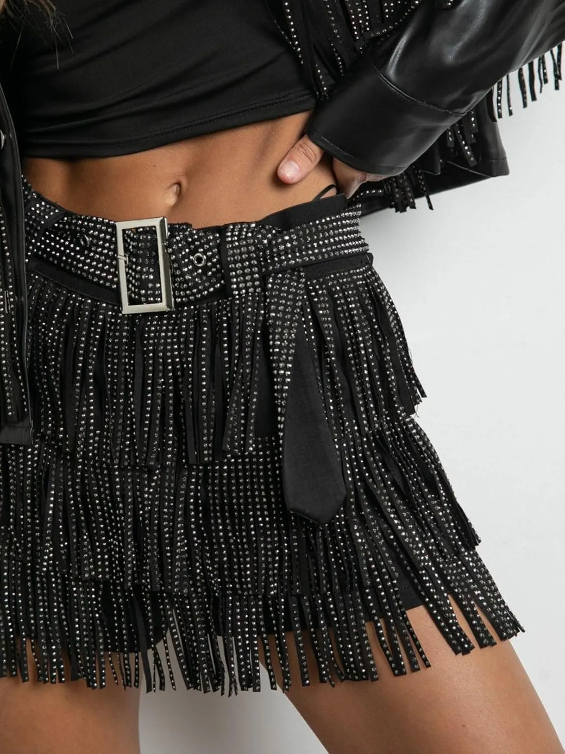 Women High Waist Rhinestone Fringe Short Adjustable Waistband Short Mini Skirt Westem Skirt Built in Shorts