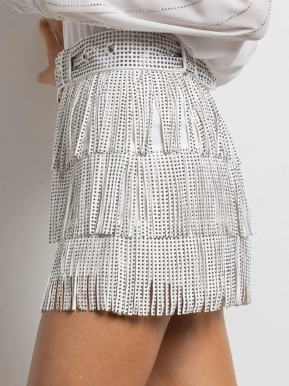 Women High Waist Rhinestone Fringe Short Adjustable Waistband Short Mini Skirt Westem Skirt Built in Shorts