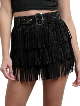 Women High Waist Rhinestone Fringe Short Adjustable Waistband Short Mini Skirt Westem Skirt Built in Shorts