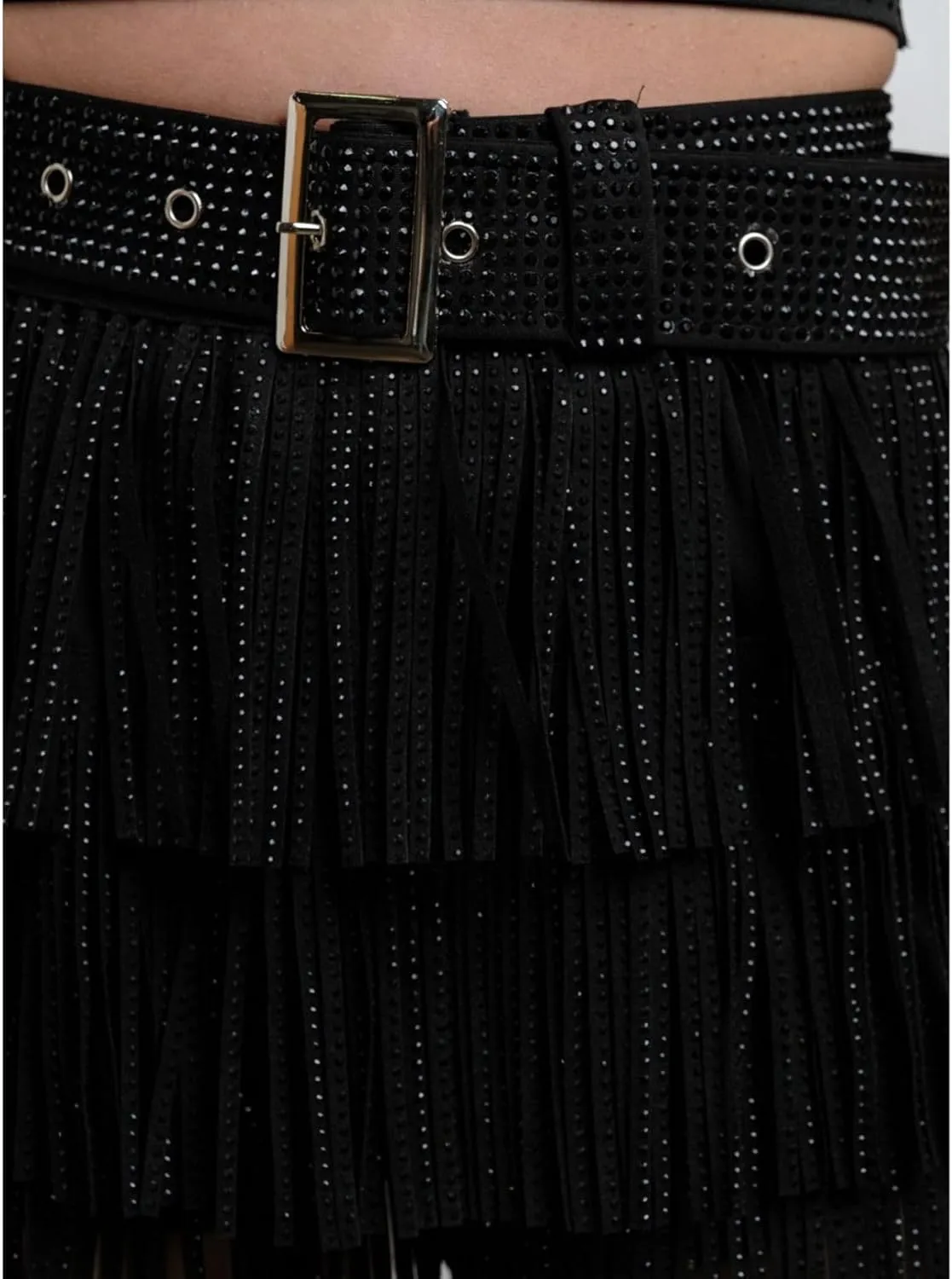 Women High Waist Rhinestone Fringe Short Adjustable Waistband Short Mini Skirt Westem Skirt Built in Shorts