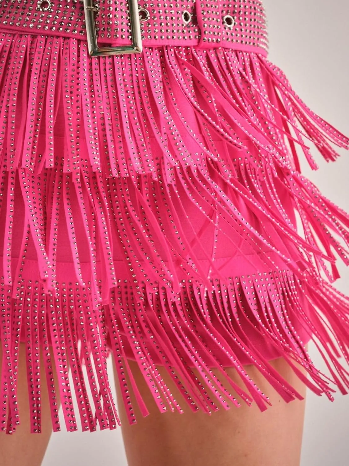 Women High Waist Rhinestone Fringe Short Adjustable Waistband Short Mini Skirt Westem Skirt Built in Shorts