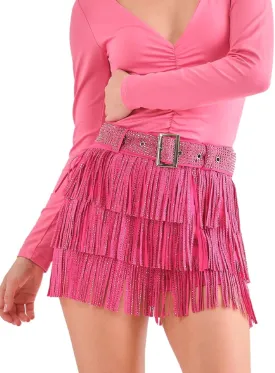 Women High Waist Rhinestone Fringe Short Adjustable Waistband Short Mini Skirt Westem Skirt Built in Shorts