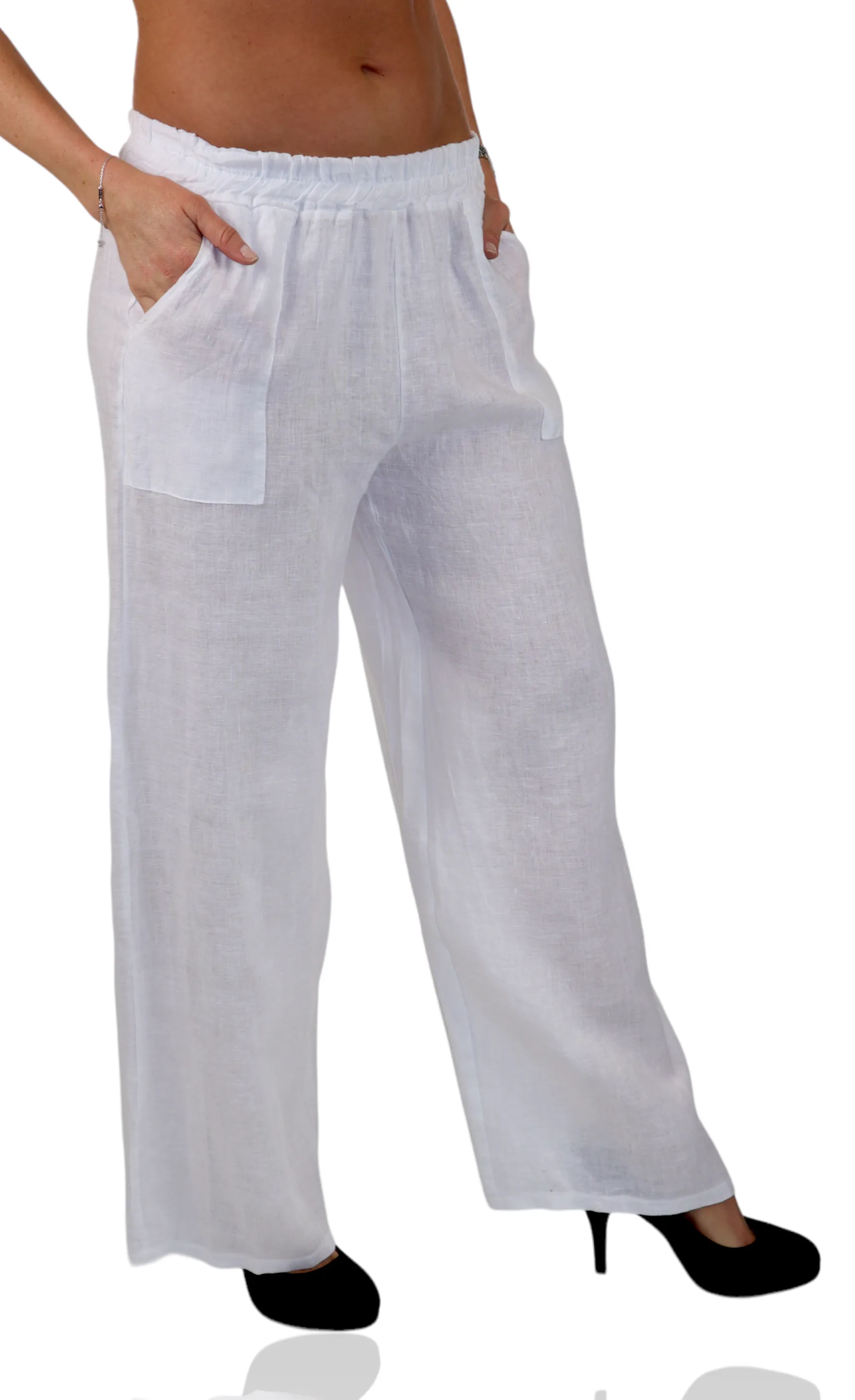 Women Linen Wide Legged Breathable Pants with Square Pockets