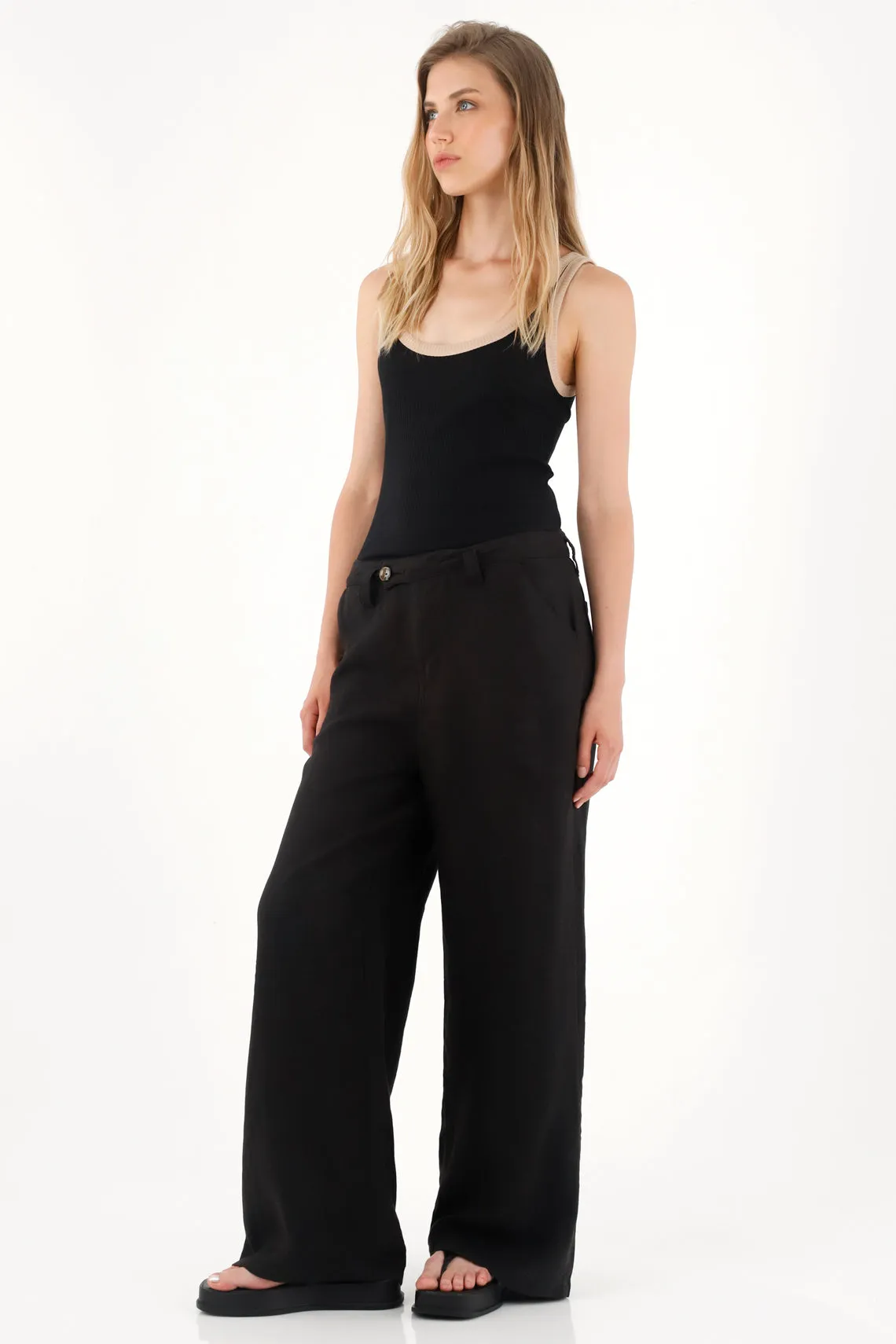 Women's Black Wide Leg Pants in 100% Linen