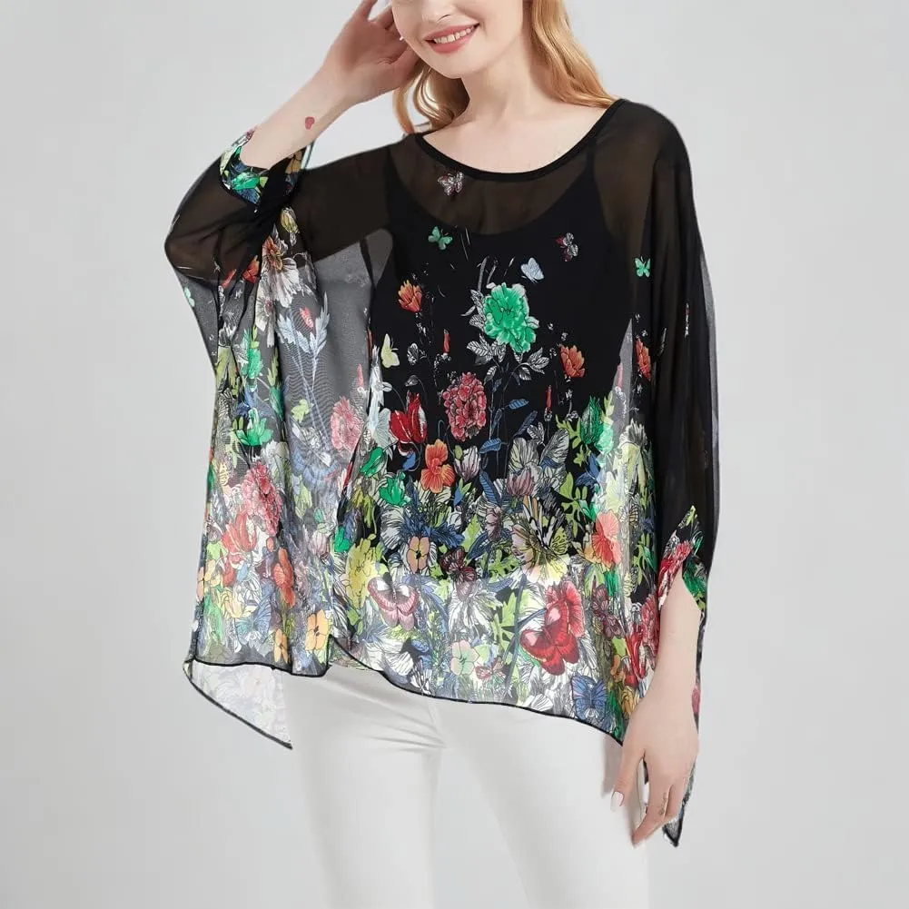 Women's Bohemian Style Summer Beach Lagenlook Top Kimono Loose Waterfall Chiffon Kaftan Poncho Shirt