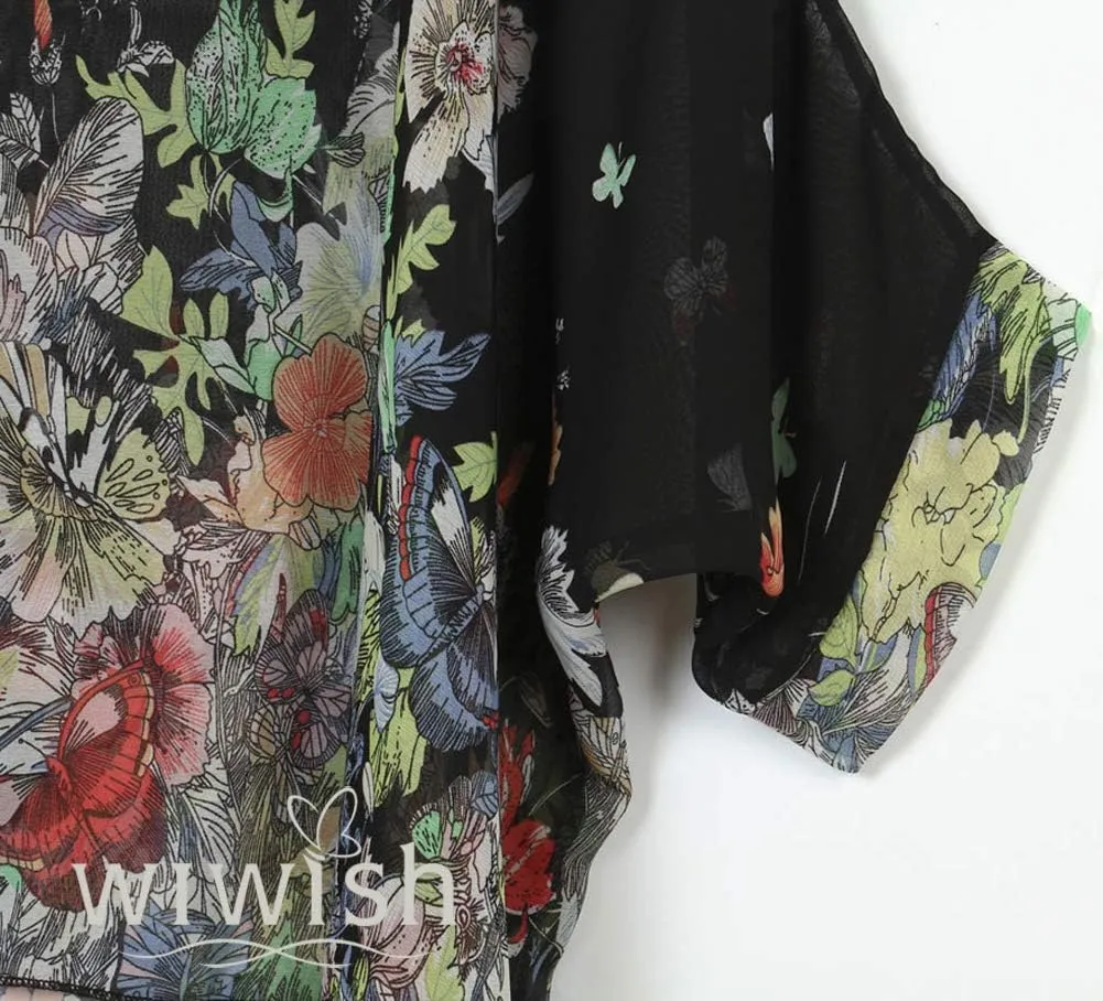 Women's Bohemian Style Summer Beach Lagenlook Top Kimono Loose Waterfall Chiffon Kaftan Poncho Shirt