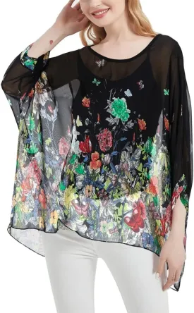 Women's Bohemian Style Summer Beach Lagenlook Top Kimono Loose Waterfall Chiffon Kaftan Poncho Shirt