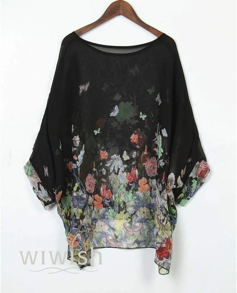 Women's Bohemian Style Summer Beach Lagenlook Top Kimono Loose Waterfall Chiffon Kaftan Poncho Shirt